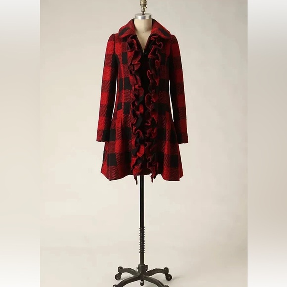Anthropologie Tracy Reese 'Birling' Coat Black & Red Plaid Sz S EUC
